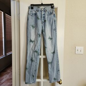 PacSun Dad Jeans Size 26 Butterfly Print Light Wash Denim Button Fly